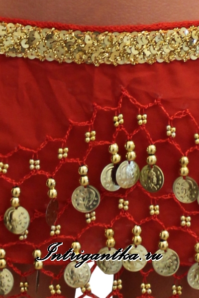 Пояс платок для восточных танцев с монетками и паетками красный