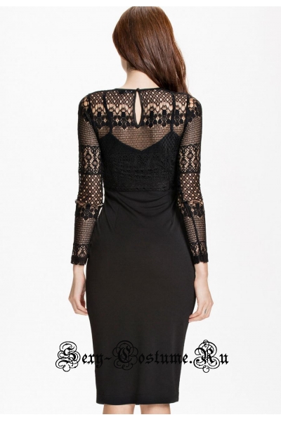 Черное платье клубное с гипюровым верхом n6864