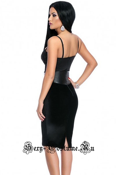 Черное платье с кожзам вставками уценка по белой ленте n6103-2