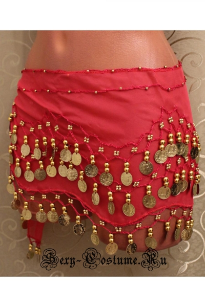 Пояс платок для восточных танцев с монетками малиновый lu0307-9