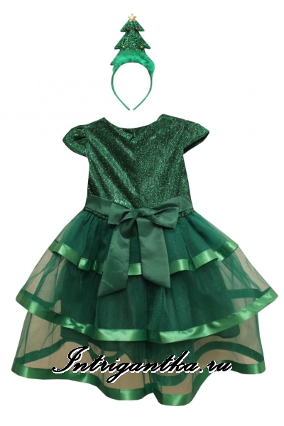 Детский карнавальный костюм для девочки Зеленая елочка пояс атласная лента