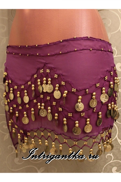 Пояс платок для восточных танцев с монетками фиолетовый