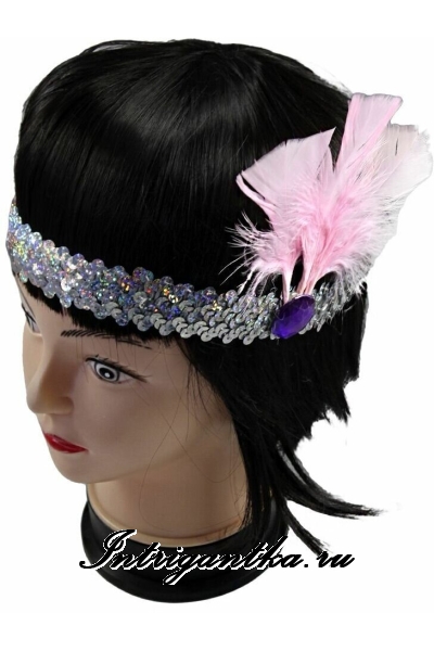Серебристая повязка паетки на голову кан-кан с пером