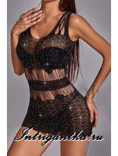 ЧЕРНОЕ КАПРОНОВОЕ ПЛАТЬЕ В МЕЛКИХ СТРАЗИКАХ СПЕРЕДИ арт.LU83027