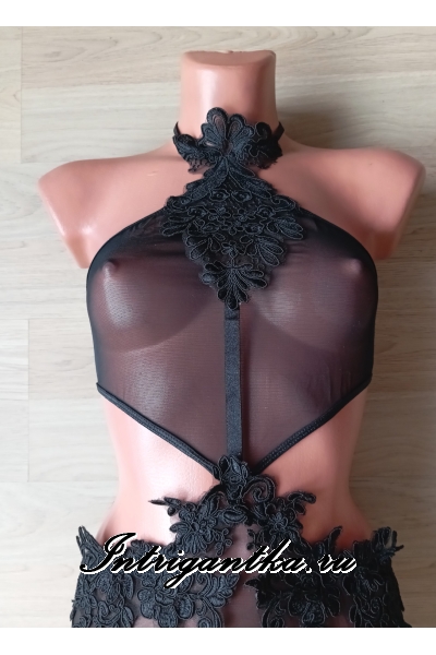 Прозрачное черное боди с узором