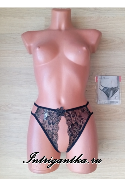 Черные трусики-стринги с доступом золотистый рисунок