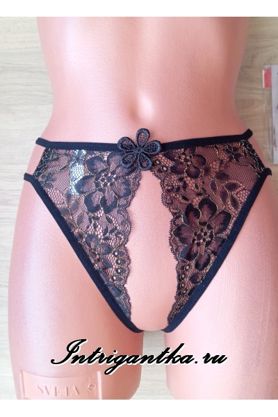Черные трусики-стринги с доступом золотистый рисунок