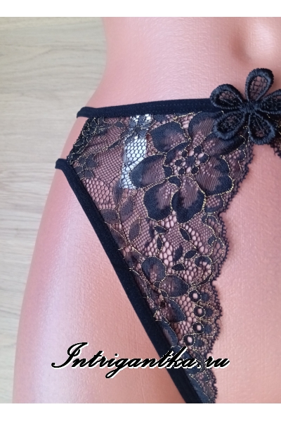 Черные трусики-стринги с доступом золотистый рисунок