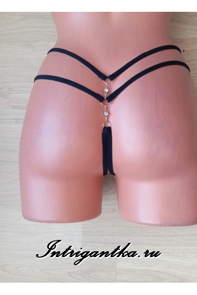 Черные трусики-стринги с доступом золотистый рисунок