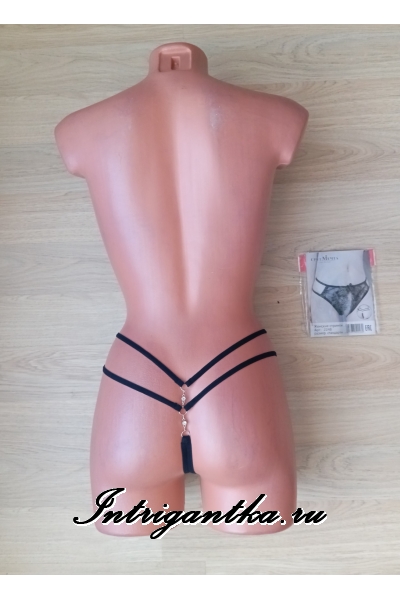Черные трусики-стринги с доступом золотистый рисунок