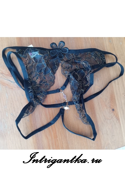 Черные трусики-стринги с доступом золотистый рисунок