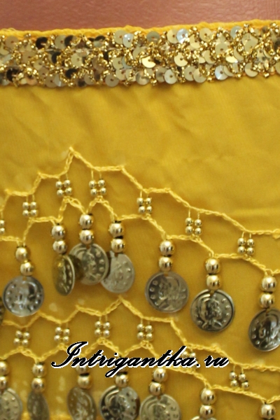 Пояс платок для восточных танцев с монетками и паетками желтый