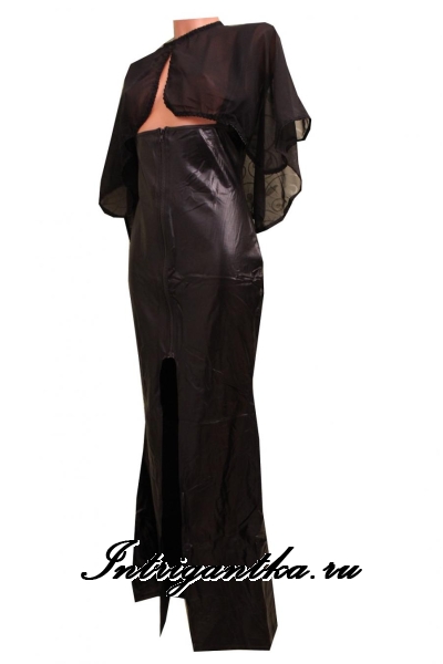 Черное платье виниловое длинное с полупрозрачной накидкой ведьма
