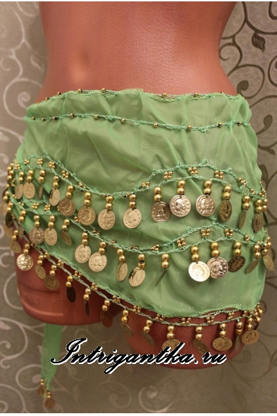 Пояс платок для восточных танцев с монетками светло-зеленый