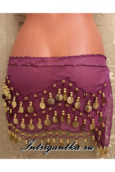 Пояс платок для восточных танцев с монетками фиолетовый